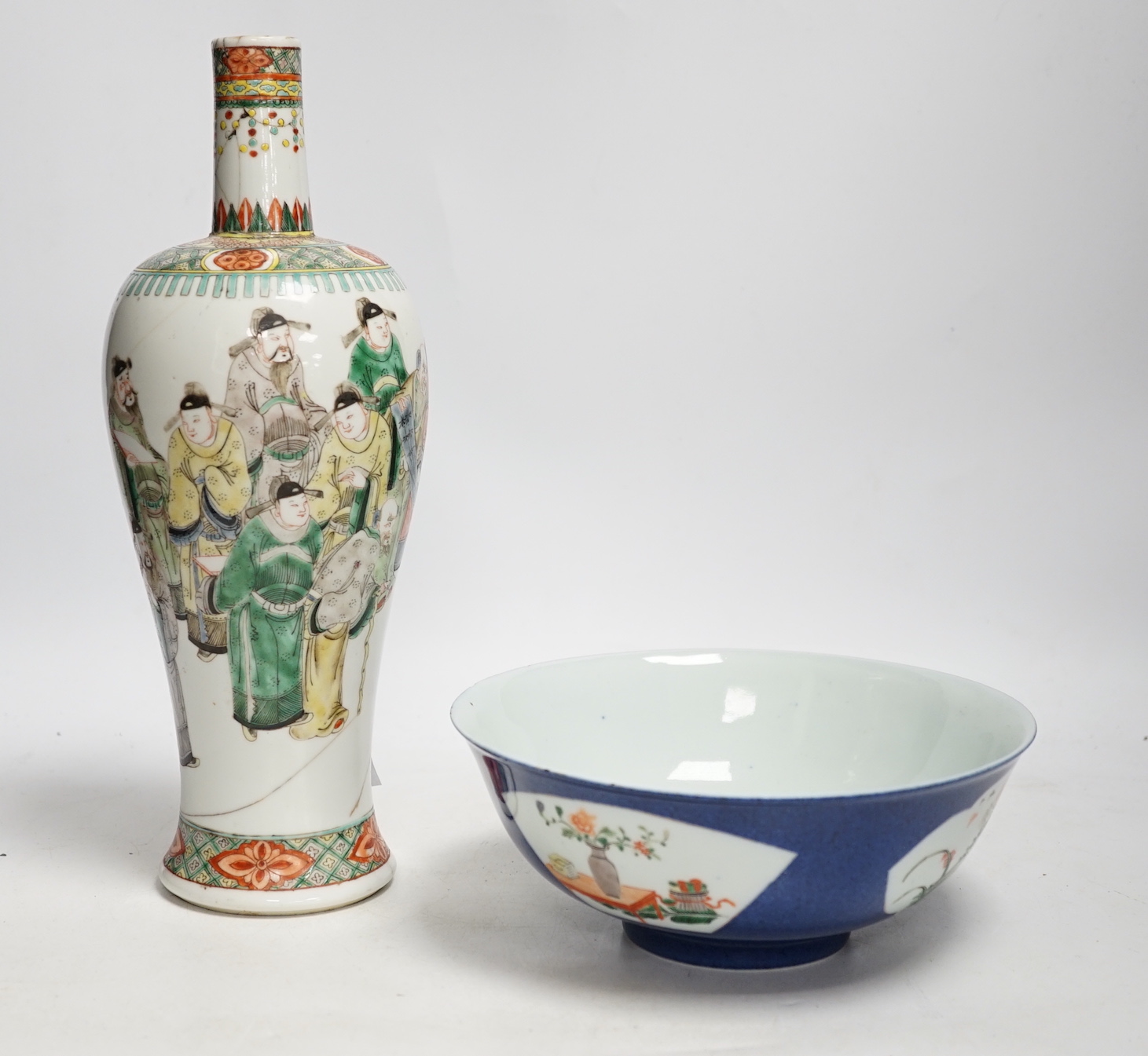 A Chinese famille verte ‘scholars’ vase and a Chinese powder blue bowl, both 19th century, vase, 32cm high